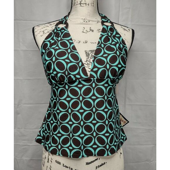 Jamaica Bay Teal and Brown Tropical Nights Swim Top Halter‎ Size 14 NWT Swimsuit - Picture 1 of 12